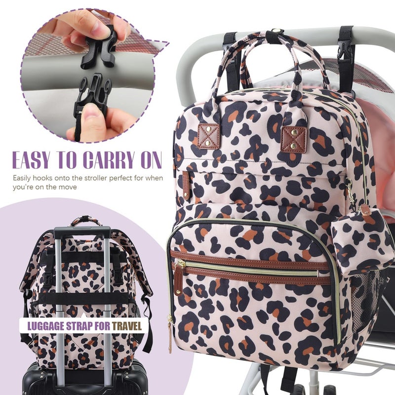 Tuwubi Diaper Bag Backpack, Baby Essentials Travel Tote Bag, Multi function Waterproof Backpacks, Travel Essentials with Stroller Straps & Pacifier Case - Leopard Print - Image 5